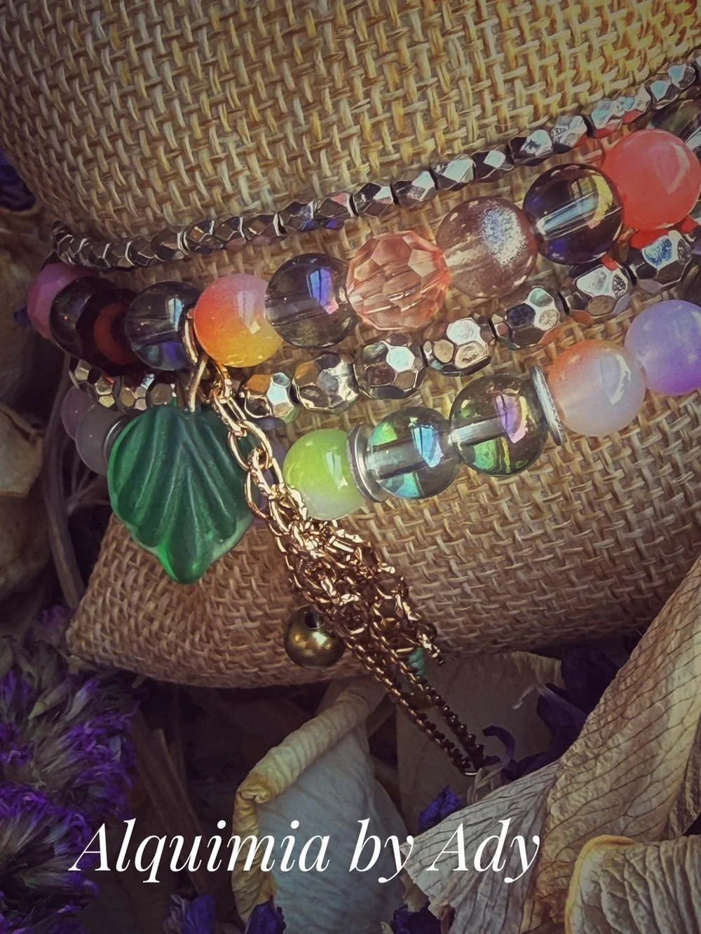 Aura quartz Multicolor Beaded Bracelet Stack with Green Leaf Charm